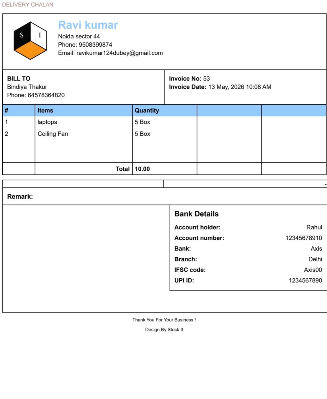 Bill Book Delivery Challan Template