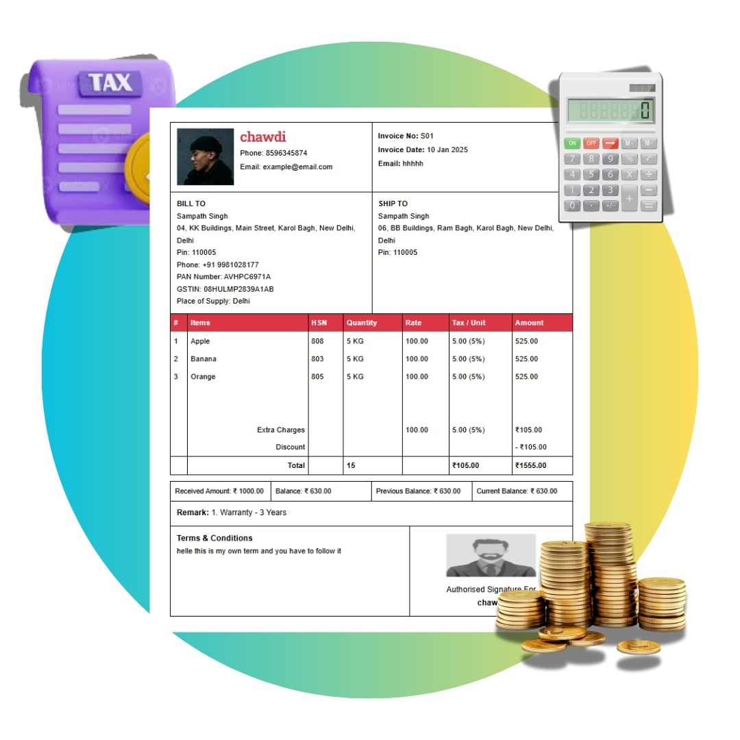 GST invoice dashboard with calculator, tax file, coins, and invoice form—automated GST filing for businesses using accounting software.