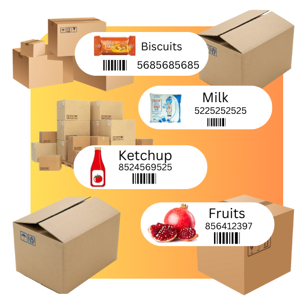 Barcode-based inventory management system with packaged products like biscuits, milk, ketchup, and fruits using unique item codes for tracking in warehouse logistics.
