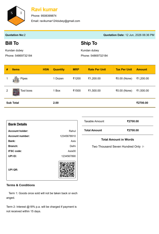 Music instrument invoice format for professional stores