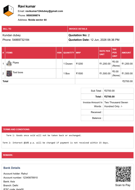 Classic accounting style Tally invoice layout for instrument shop billing software